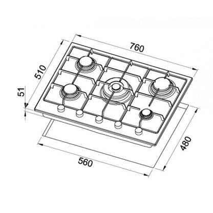 Piano Cottura Elleci PGSS75352CN - 75 cm, 5 Fuochi Gas, Acciaio Inox, Design Moderno