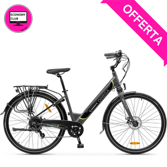 Bicicletta Elettrica Argento Omega - 250W, Batteria 374Wh, 70km Autonomia, Freni a Disco, Cambio Shimano 7 Rapporti, LCD